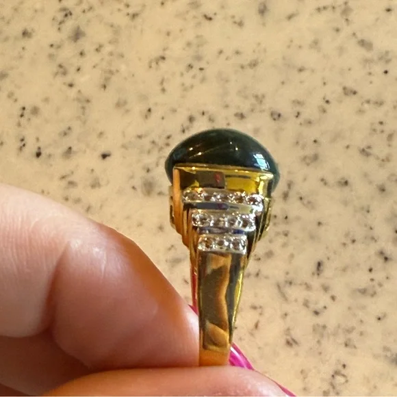Vintage 925 Gold-Tone Sterling Ring Size 8 Green Cat’s Eye Cabochon - Picture 3 of 7